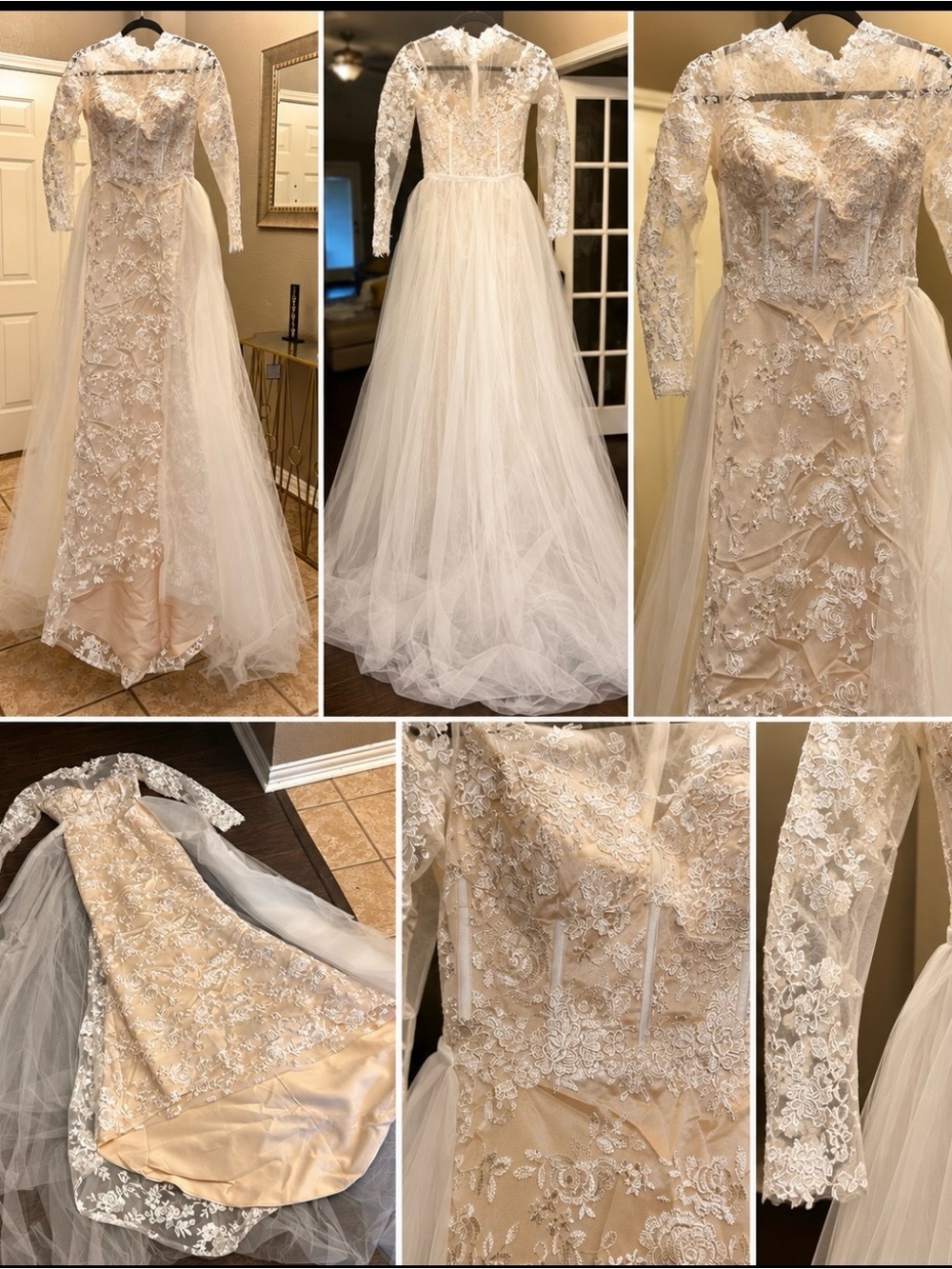 Lace Tulle Long Sleeve Wedding Gown - Ivory/Champagne